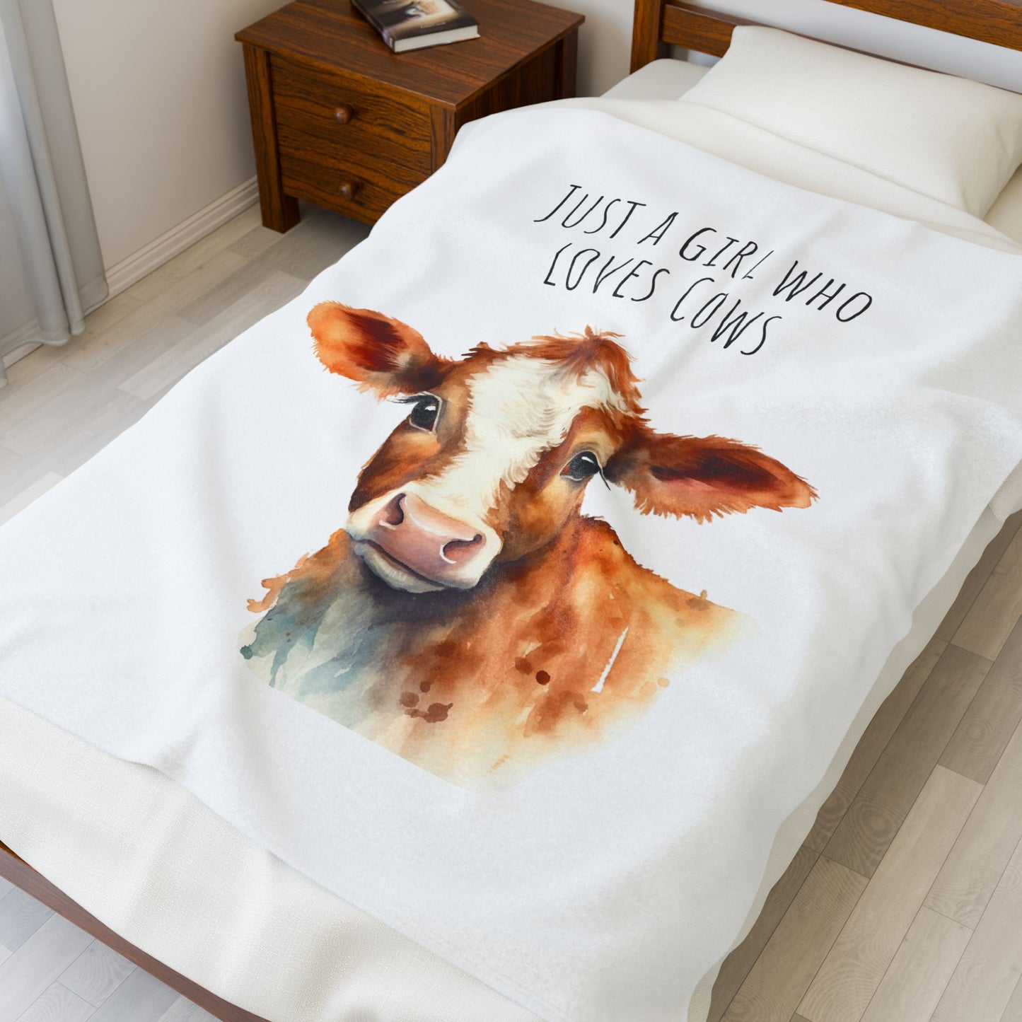 Velveteen Plush Blanket - Watercolor Baby Cow 'Just a Girl Who Loves Cows'