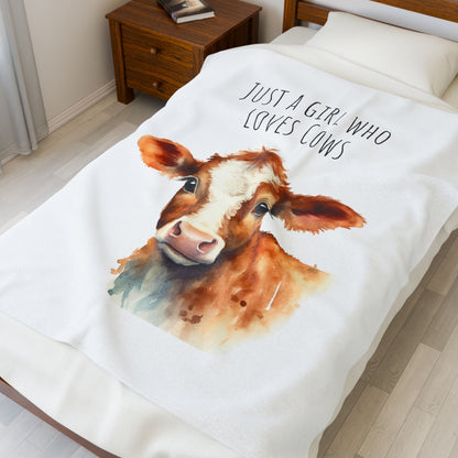 Velveteen Plush Blanket - Watercolor Baby Cow 'Just a Girl Who Loves Cows'