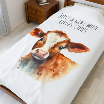 Velveteen Plush Blanket - Watercolor Baby Cow 'Just a Girl Who Loves Cows'