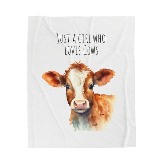 Velveteen Plush Blanket - Watercolor Baby Cow 'Just a Girl Who Loves Cows'